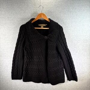 Vintage Inis Crafts Chunky Cardigan Sweater Women's Large Black Cable Knit‎ Wool